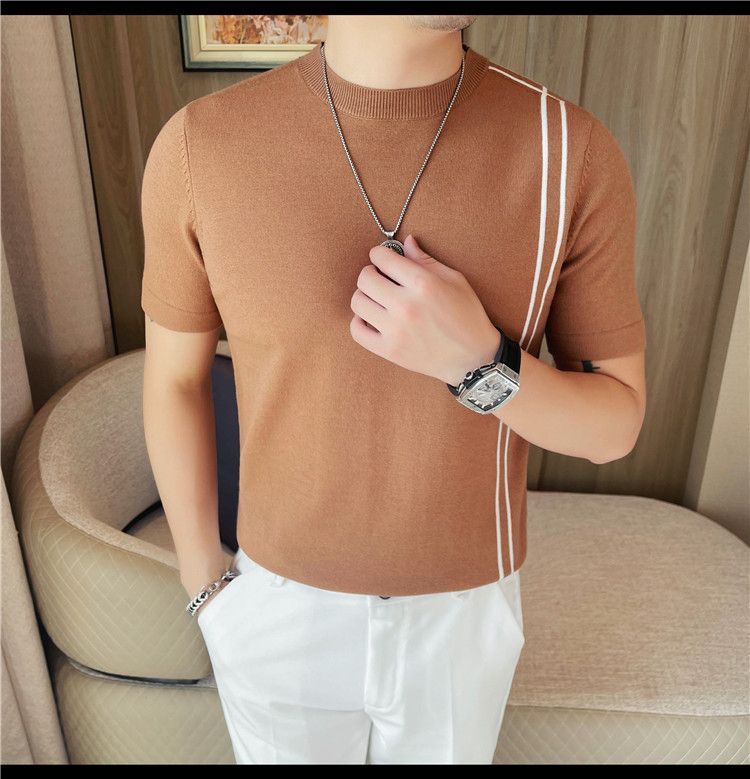Summer New Products Men's Thick Short Sleeve T-Shirt Threaded Neckline Short Sleeve Knitted Sweater Slim Fit Elastic Bottom Sweater Undershirt_voghion.com