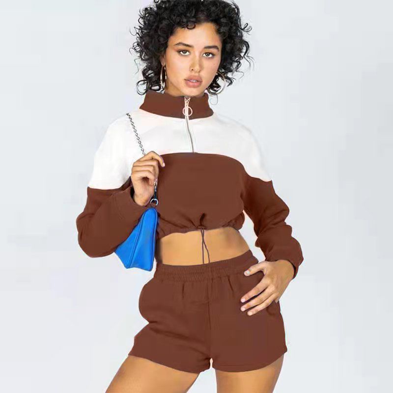 Women's Clothing color-blocked drawstring casual shorts women's sweatshirt set two-piece set_voghion.com