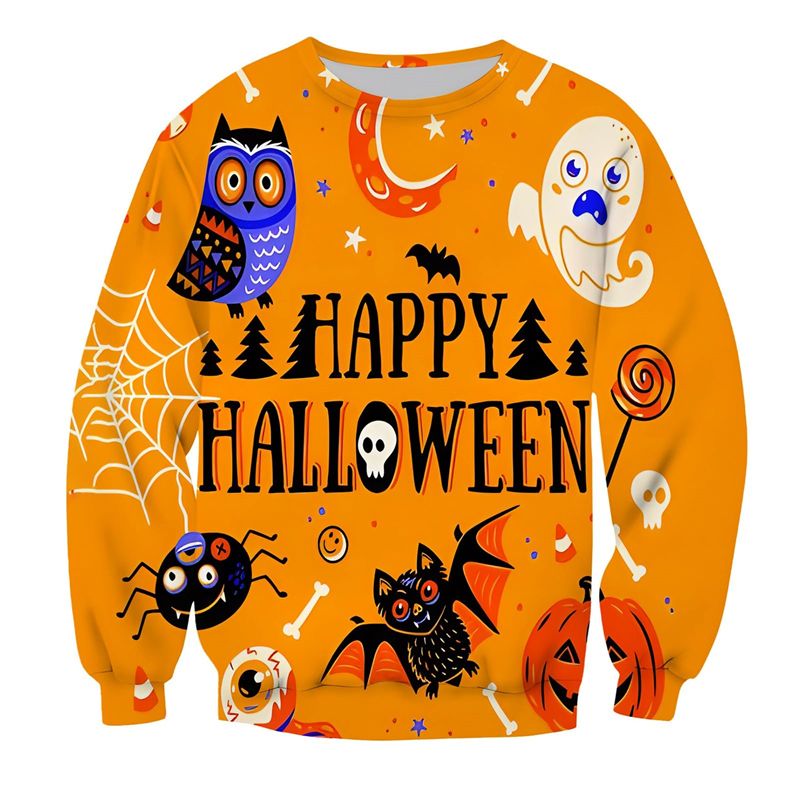 Felpa con cappuccio da uomo con motivo a zucca di Halloween 2025, stampa 3D, girocollo, casual, oversize, con scritta "Happy Halloween"_voghion.com