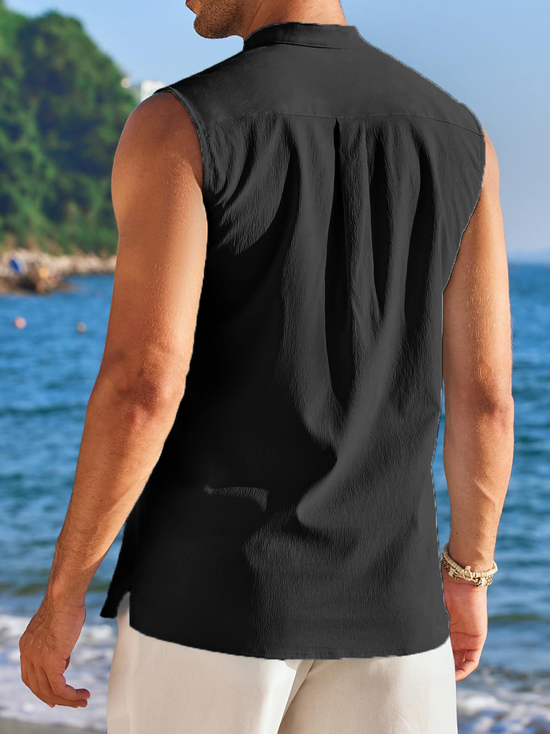 Vêtements pour hommes printemps et été, nouvelle chemise sans manches semi-ouverte pour hommes, gilet décontracté d'extérieur pour hommes_voghion.com