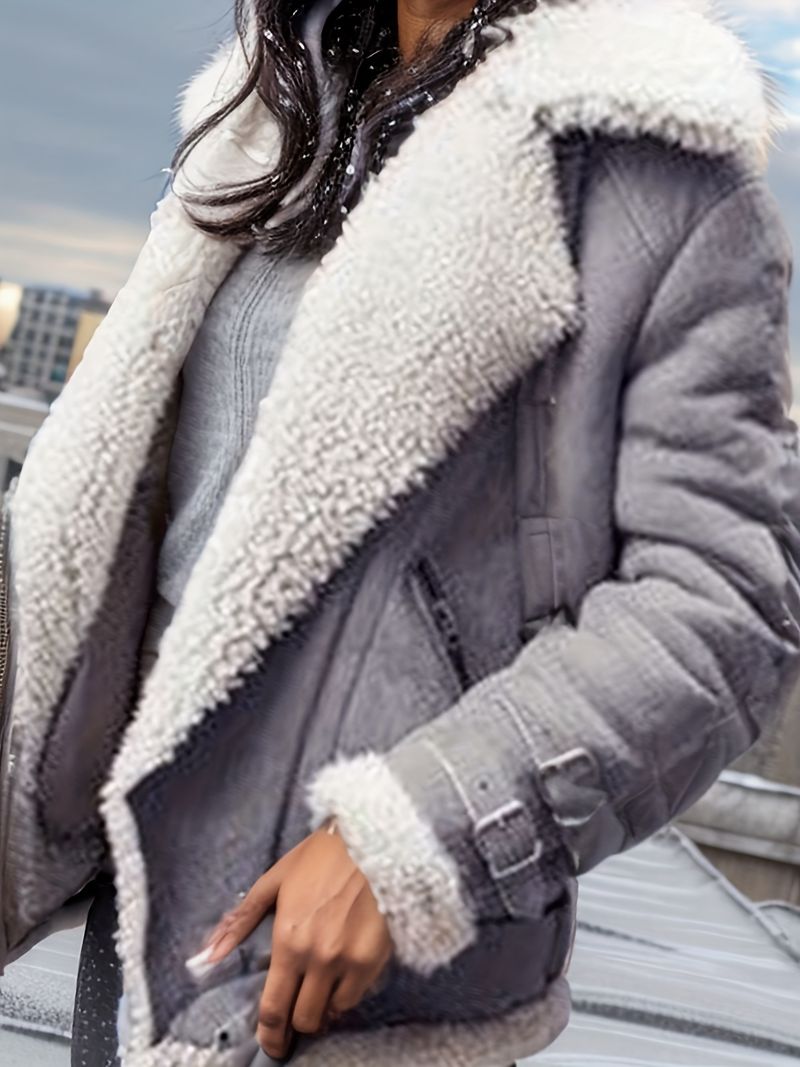 Taglie forti Donna Taglie forti Caldo - Elegante colletto con revers, chiusura frontale con cerniera completa, manica lunga oversize con pelliccia di peluche_voghion.com