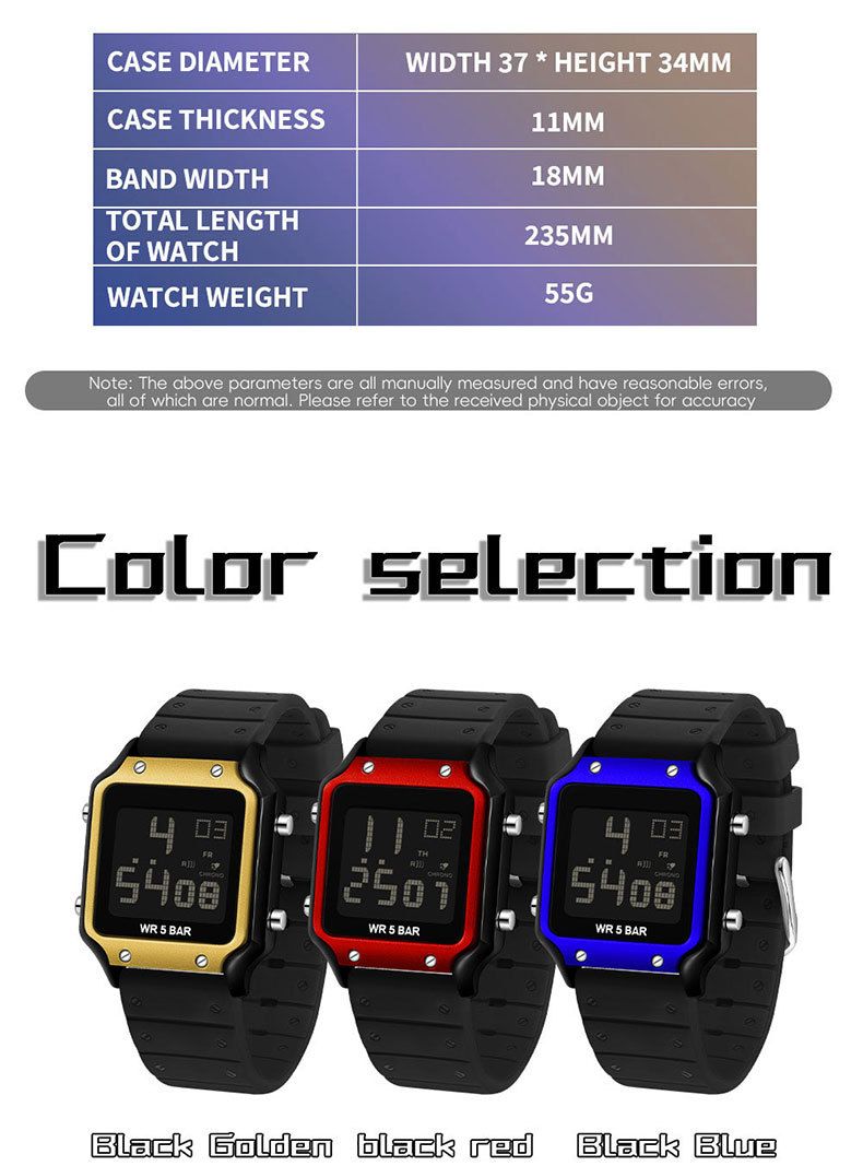 Orologio sportivo digitale quadrato classico con display multifunzione, impermeabile e antiurto per uomo e donna, elegante e durevole._voghion.com