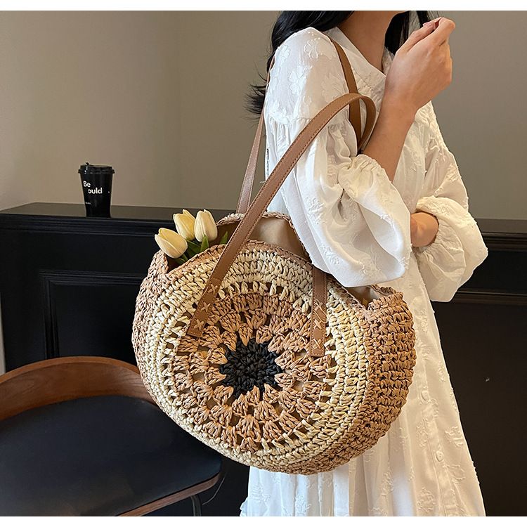 Straw Bag Woven Bag Bohemian Woven Bag Hollowed-out Straw Bag Large Capacity Seaside Resort Beach Shoulder Tote Bag_voghion.com
