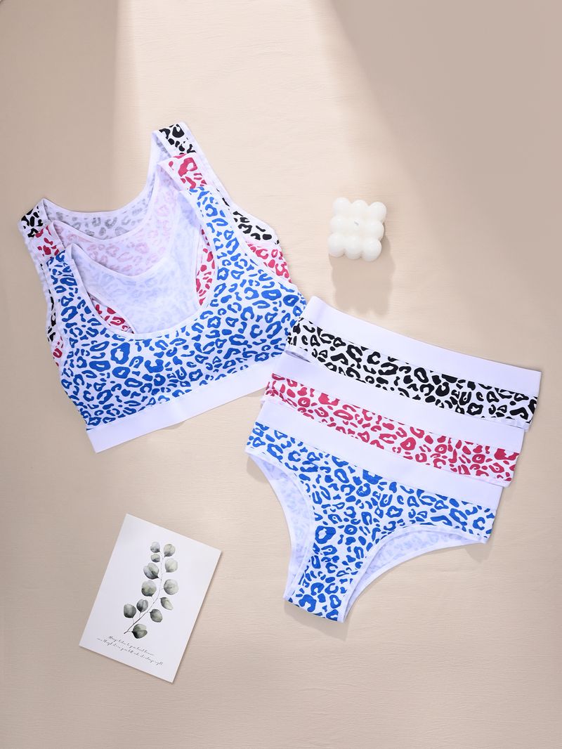 Sous-vêtements menstruels pour filles, bonnet fixe en coton avec coussinet de poitrine sans anneau en acier, imprimé léopard, soutien-gorge de sport pour filles, joli dos_voghion.com