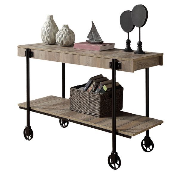 Industrial Style 1pc Sofa Table Natural Tone Slat Design Console Table Open Bottom Shelf Living Room Furniture_voghion.com