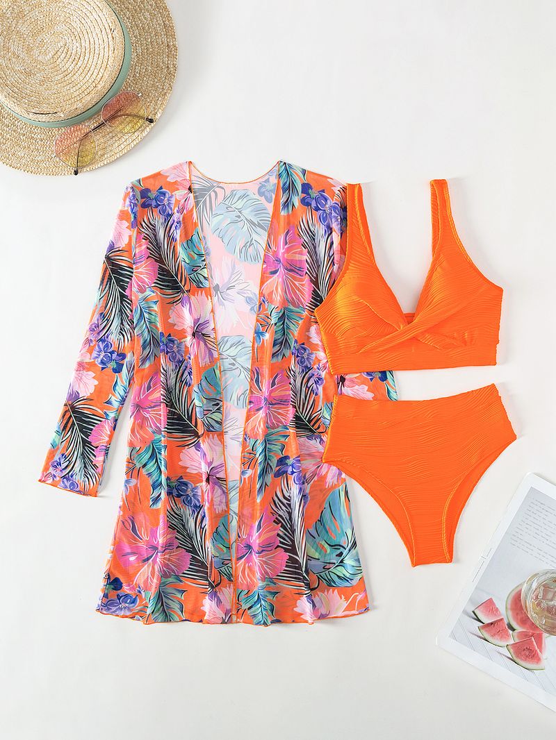 costume da bagno in tre pezzi diviso da donna a maniche lunghe bikini celebrità di Internet a vita alta tinta unita_voghion.com