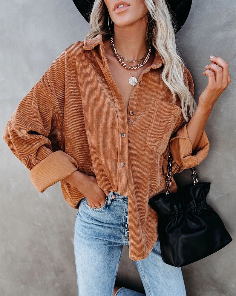 Women's clothing autumn and winter Oversize corduroy loose button shirt_voghion.com