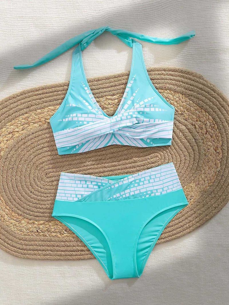 Bikini de cintura alta ajustado para mujer, estilo conservador, para natación, deportes de aguas termales y ocio._voghion.com