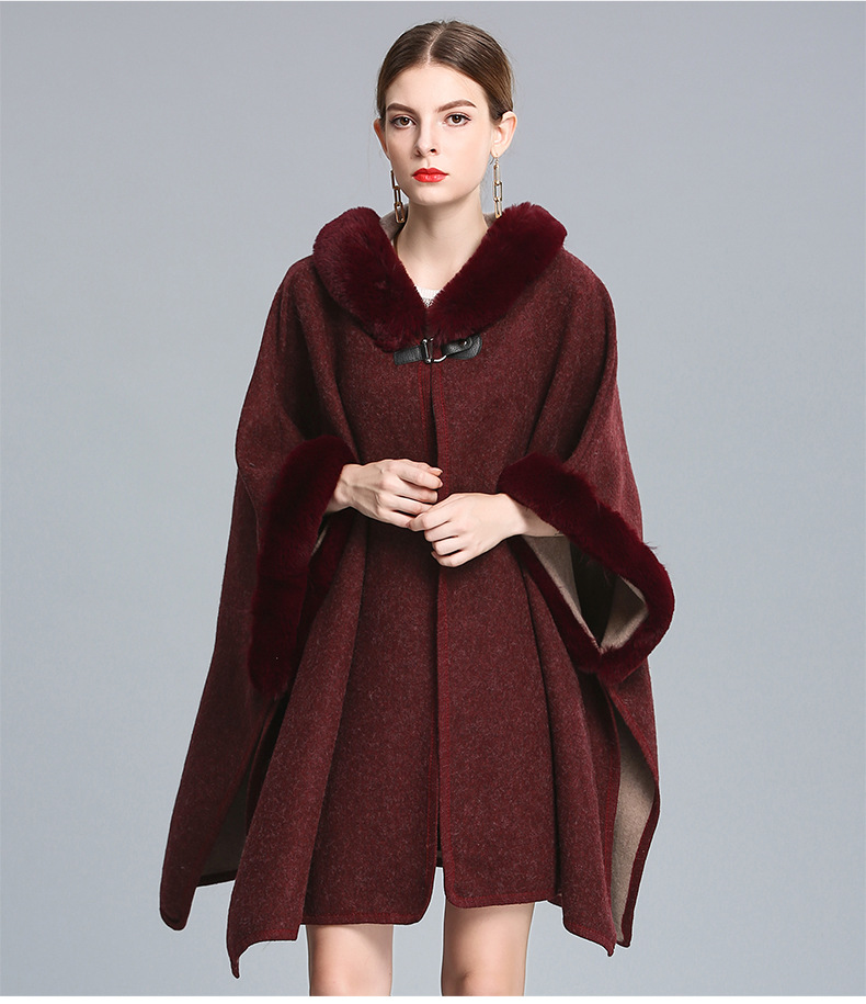 Women's imitation Rex rabbit collar hooded shawl cape large size woolen coat loose cardigan_voghion.com