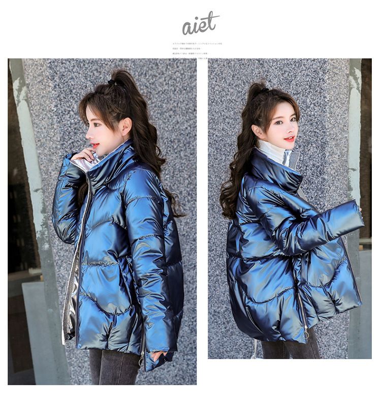Piumino corto da donna con finitura lucida, cappotto trapuntato leggero, capospalla invernale con collo alto, vestibilità comoda e casual._voghion.com