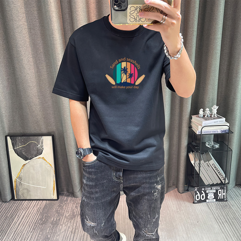 Girocollo corto ampio in puro cotone, T-shirt casual alla moda, etichetta moda uomo stampata a maniche corte_voghion.com