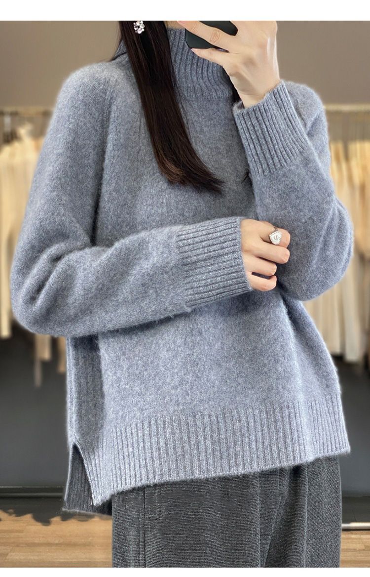 Damenbekleidung: Strickpullover mit Saum – Weiche Schafwollmischung, Pullover mit hohem Halsausschnitt, lässige, lockere Passform, einfarbiges Oberteil (Weiß, Beige, Khaki, Grau, Schwarz)_voghion.com