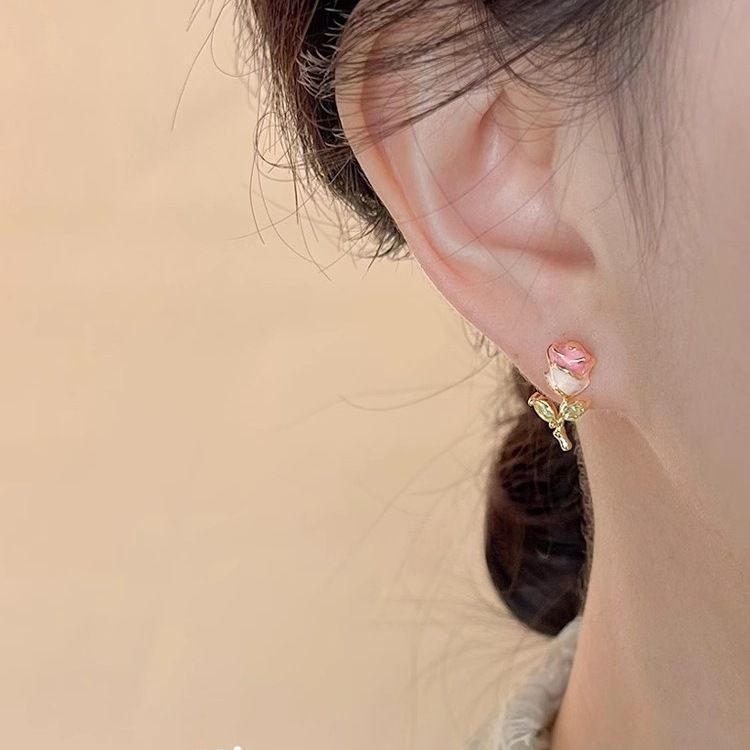 Kleine, frisse emaille druppeltextuur met micro-ingelegde zirkonia-oorbellen voor vrouwen, kleine, delicate rozenoorbellen, lichte luxe_voghion.com