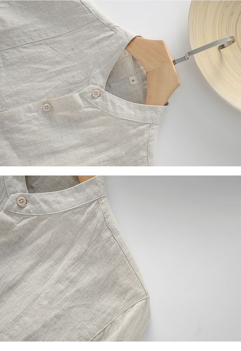 Abbigliamento estivo da uomo in lino, camicia casual in lino con colletto alto, maglia ampia in lino a maniche corte_voghion.com