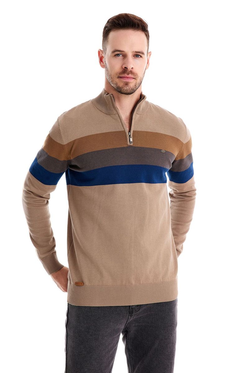 Modischer Herbst- und Winter-Halbreißverschluss-Herrenpullover mit gestreiftem Patchwork-Pullover_voghion.com