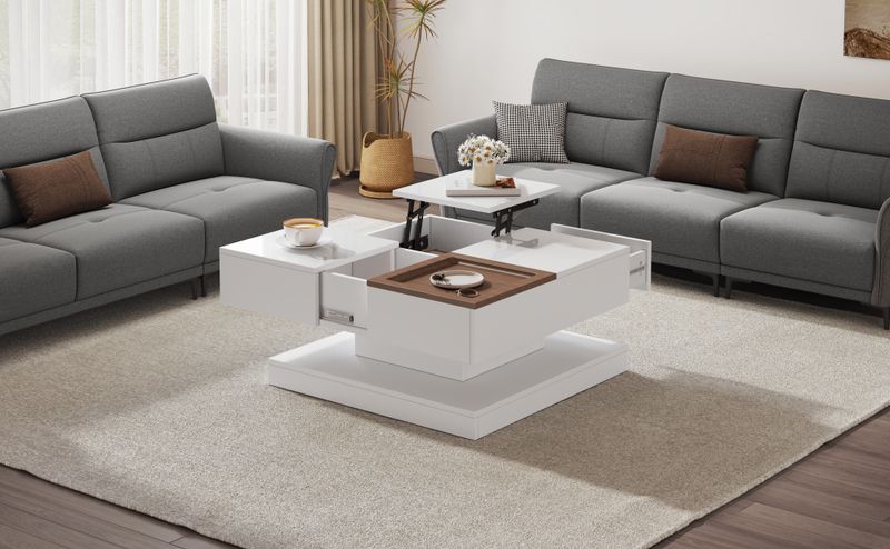 Table basse relevable 75,5 x 75,5 x 38 cm avec 4 compartiments de rangement, table de salon multifonctionnelle blanc brillant et ton bois, table d'appoint avec plateau amovible._voghion.com