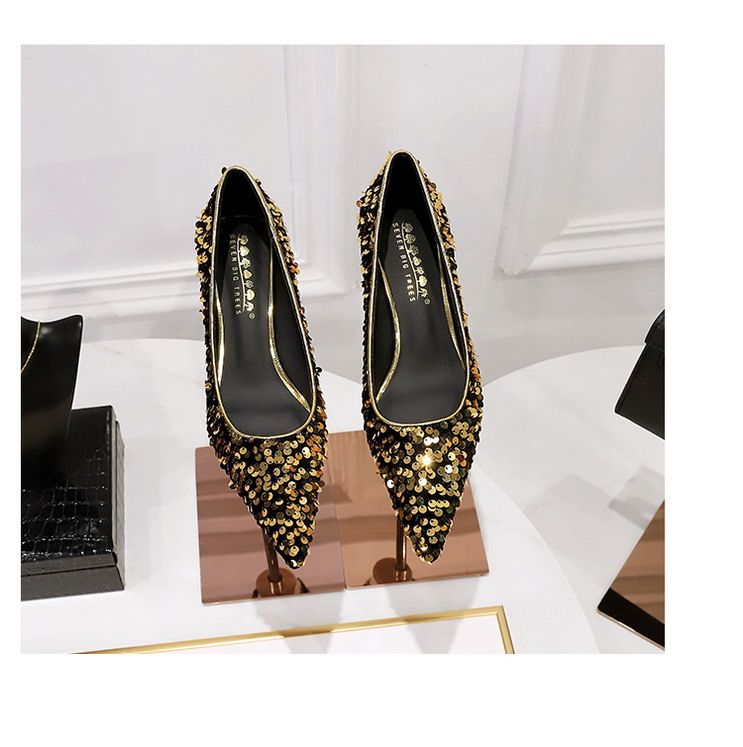 Glitzernde High Heels mit spitzer Zehenpartie für Damen – Elegante Partyschuhe mit niedrigem Schnitt und Glitzerstoff und bequemem Mittelabsatz für Frühling und Herbst_voghion.com