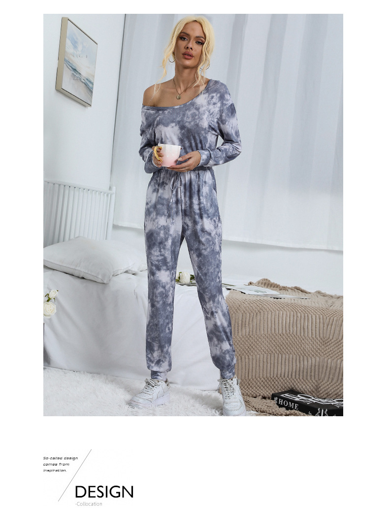 Dameskleding onafhankelijke station spot kleding tie-dyed ronde hals lange mouwen trekkoord broek jumpsuit_voghion.com