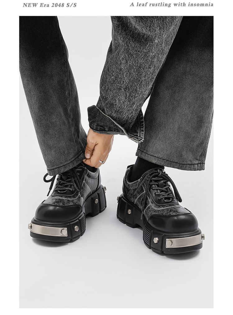 Paris 7 cm dicke Sohle, Erhöhung des großen Kopfes, Derby-Schuhe, dicke Sohle, runder Kopf, kleine Lederschuhe, Metall, Retro-Muffin-Papa-Schuhe_voghion.com