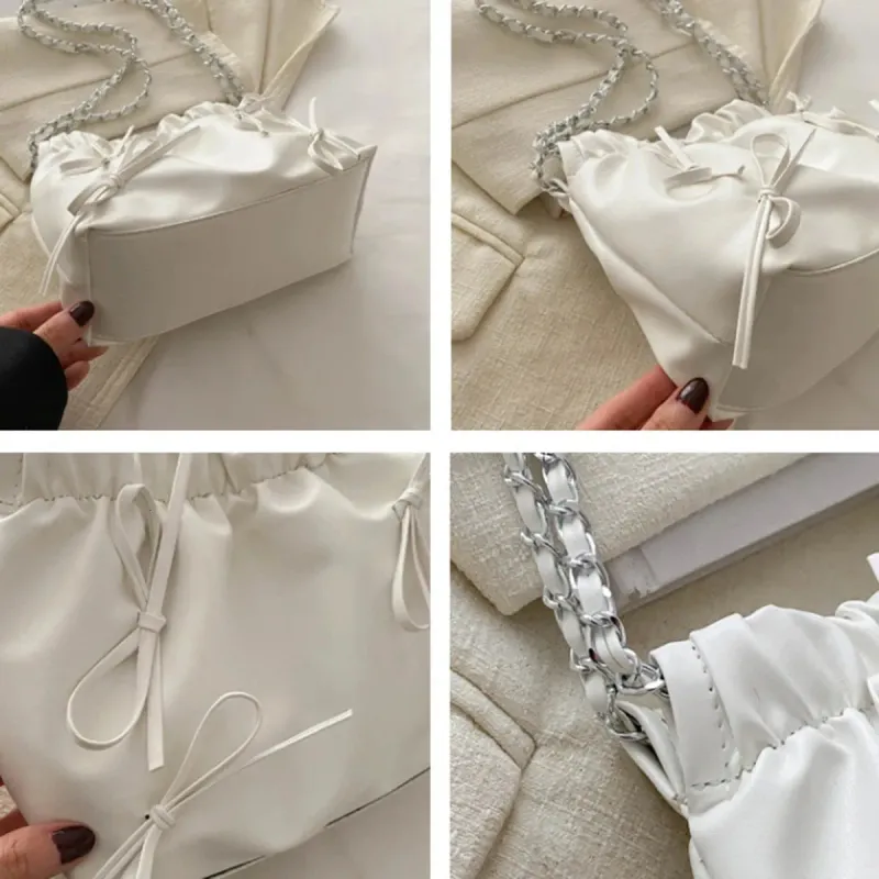 Borsa a tracolla casual semplice pieghevole con fiocco, grande capacità, bianca, confezione da 1 250314l_voghion.com