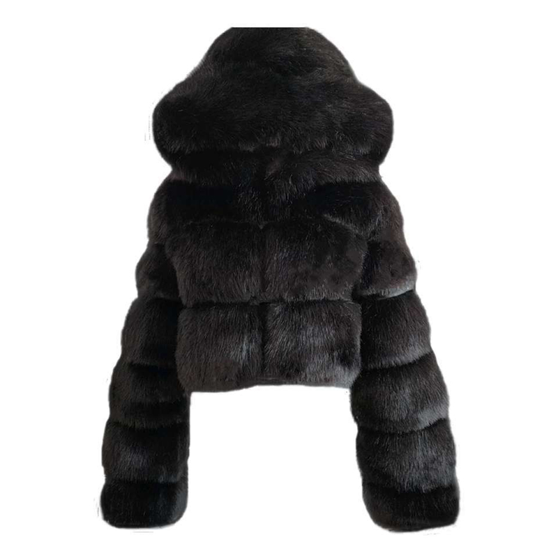 Lös tjock päls Plyschjacka Kvinnor Flickor Mode Vinter Fuskpäls Beskuren kappa Fluffig Zip Huva Varm Kort jacka_voghion.com