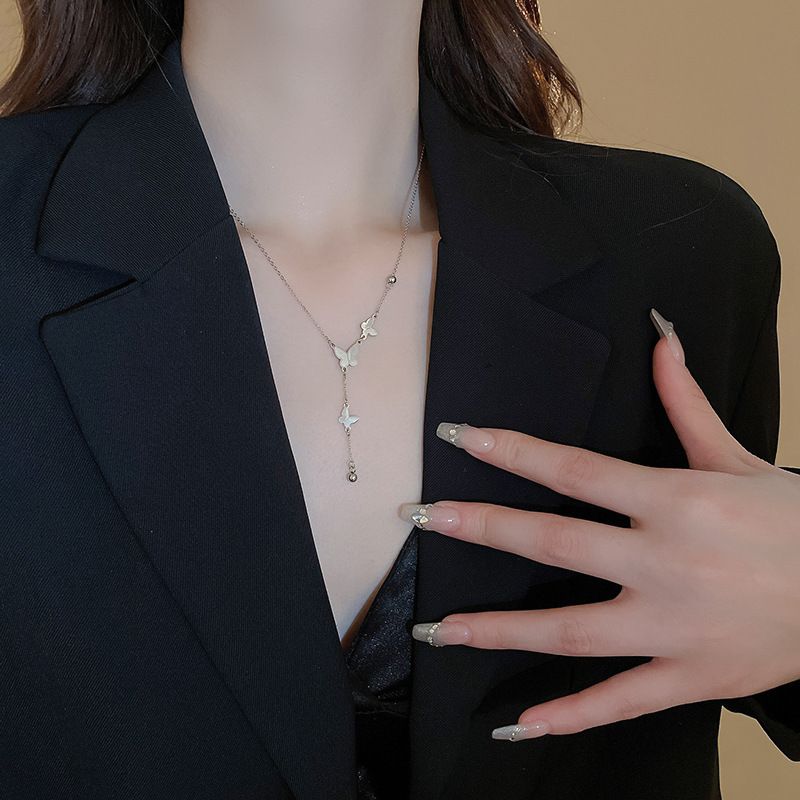 French Style Light Luxury Butterfly Tassel Titanium Steel Necklace For Women, Gentle And Versatile, High-end Gold Lock_voghion.com