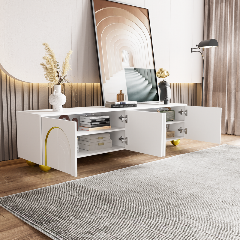 Meuble TV avec portes structurées, décorations dorées et pieds ronds, étagères réglables incluses, ouverture par pression_voghion.com