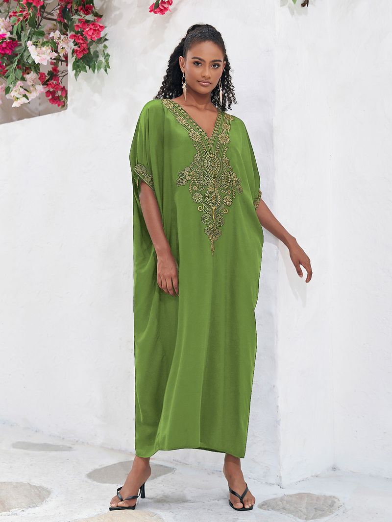 Maxikleid aus Baumwolle mit Stickerei, Strand-Überwurf-Tunika mit Blumenmuster – leicht und fließend für Damen_voghion.com