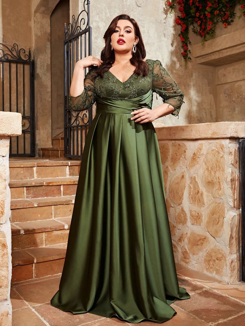 Robe de soirée grande taille Mgiacy, col en V, broderie en dentelle, tissu satiné, jupe longue pliée à la main, robe de bal_voghion.com