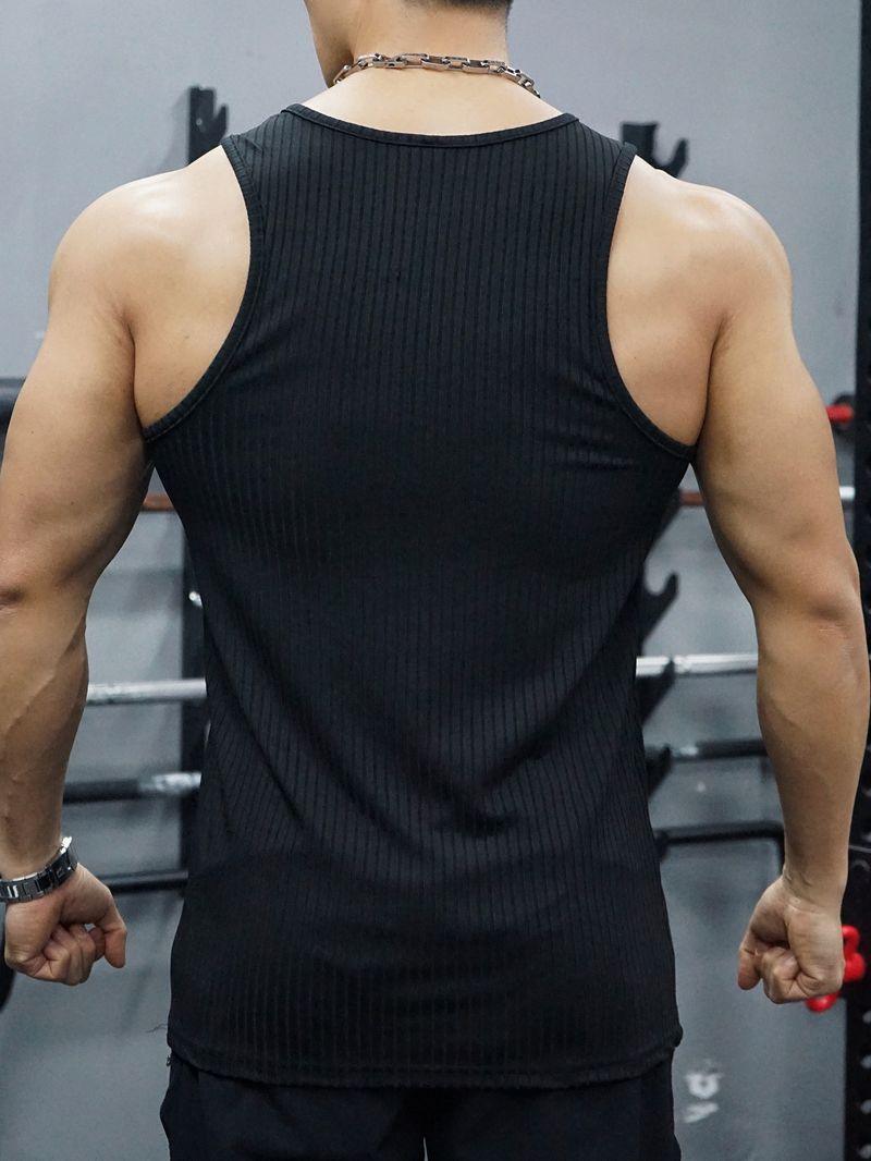 Erkek Giyim Örme Dikey Şerit Fitness Spor Eğlence İnce Yelek Kolsuz Geniş Omuzlu Yelek Erkek_voghion.com