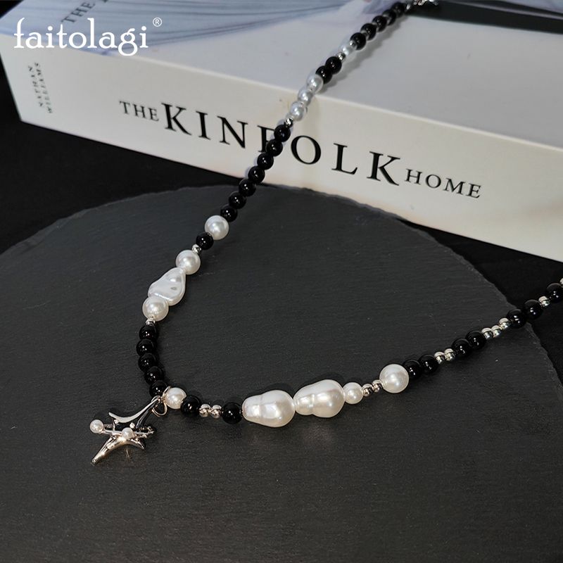 2025 New Arrivals Punk Star Pendant Baroque Women Asymmetric Black White Pearl Stainless Steel Necklace Jewelry_voghion.com