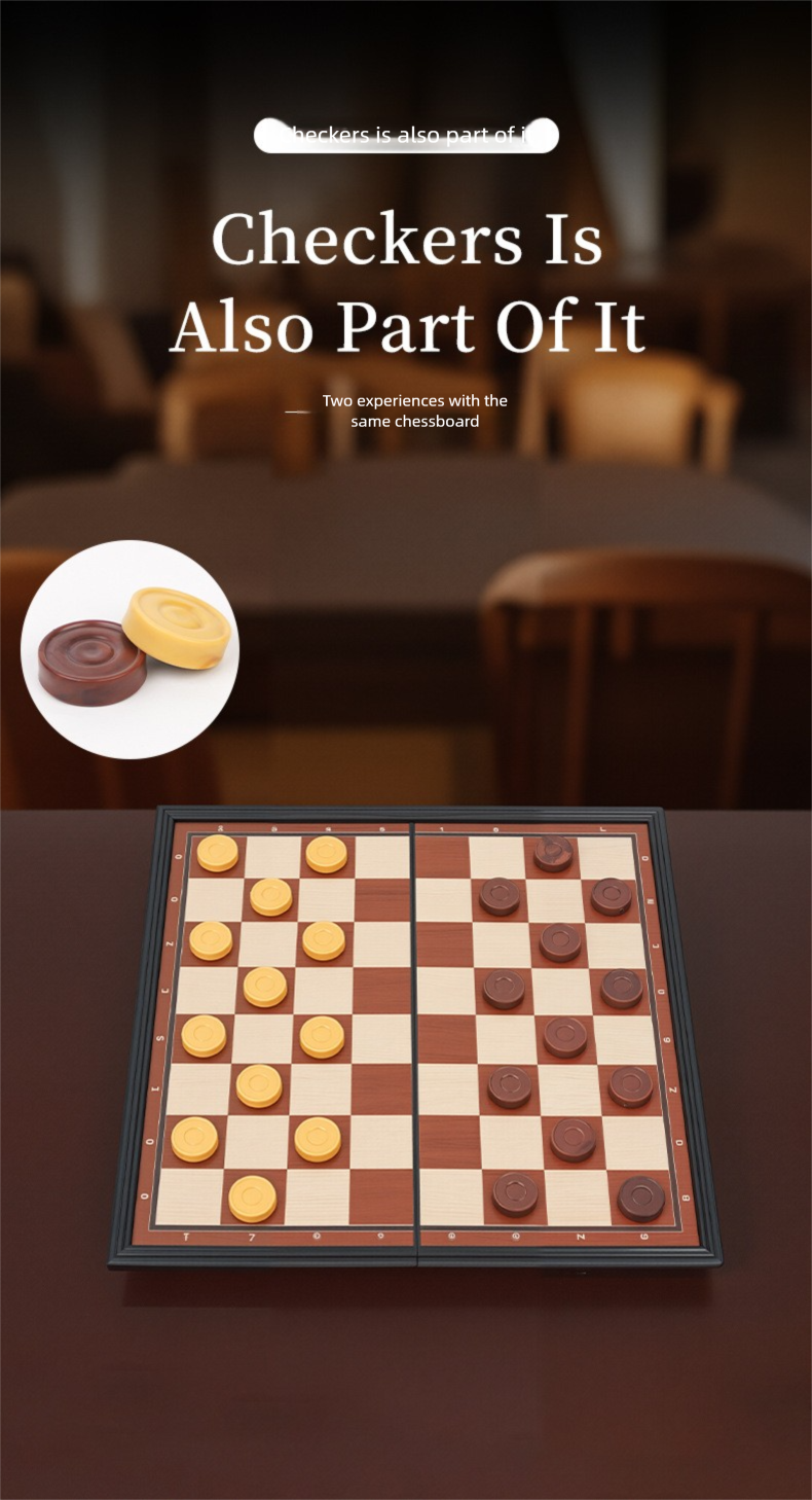 2-in-1 Magnetisches Schach- und Damespiel, faltbares Schachbrett aus Kunststoff mit Holzmaserung_voghion.com
