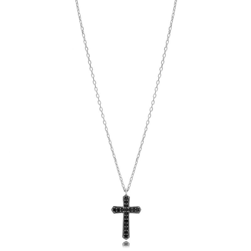 Collana minimalista con ciondolo a croce in argento puro, di alta qualità, di lusso e leggero, con zirconi neri e diamanti._voghion.com