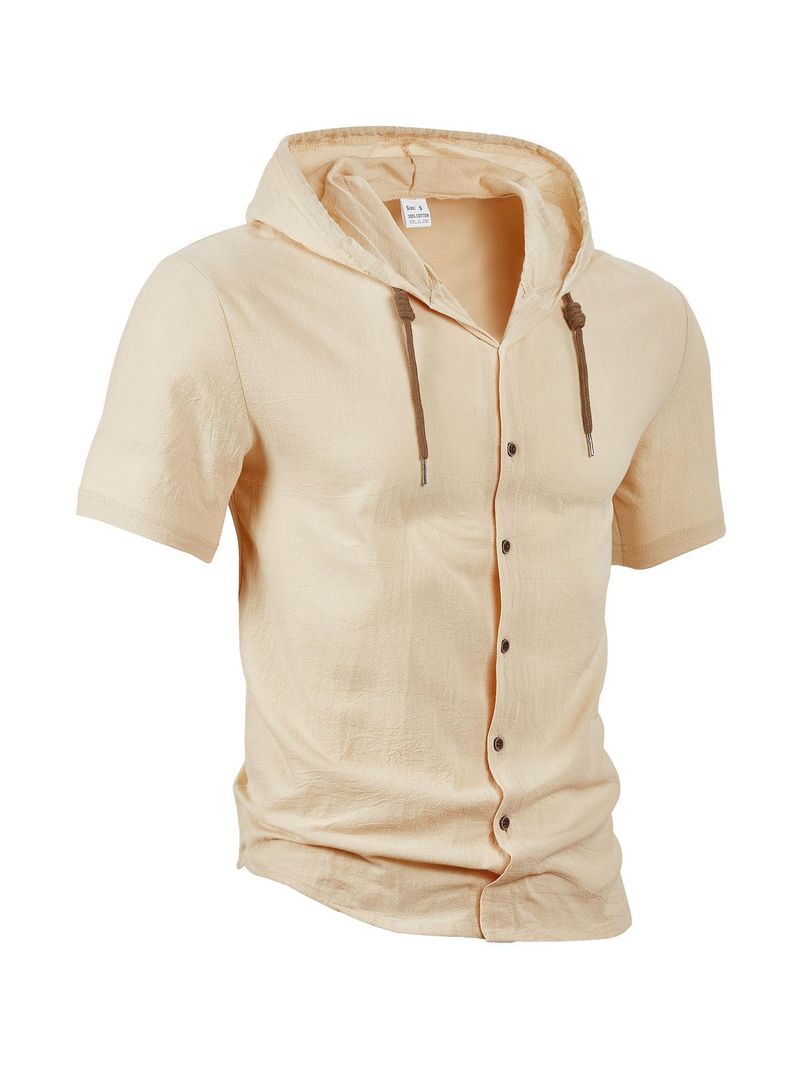 Cardigan in lino e cotone tinta unita CT, alla moda, versatile, leggero, casual, a maniche corte, con cappuccio da uomo_voghion.com