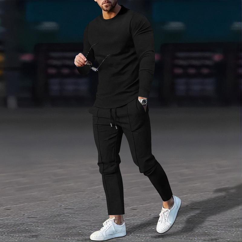 2024 Autumn New Men's Solid Color Waffle Round Neck Long sleeved Pants Set_voghion.com