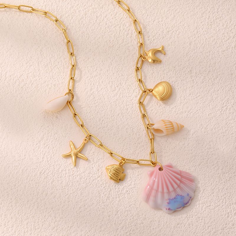 Necklace Women Golden Pendant Necklace Fashion Beach Style Turtle Conch Accessories For Women, Light Luxury High-End Feel, Non-Fading Titanium Steel_voghion.com