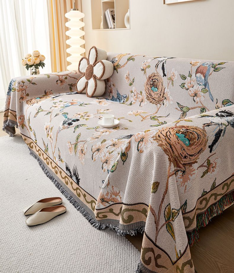 American Style Ethnic Floral Sofa Cover Throw Blanket - Thick Cotton Polyester Fabric For 3-Seater Couch - Geometric Patterns In Multiple Sizes_voghion.com