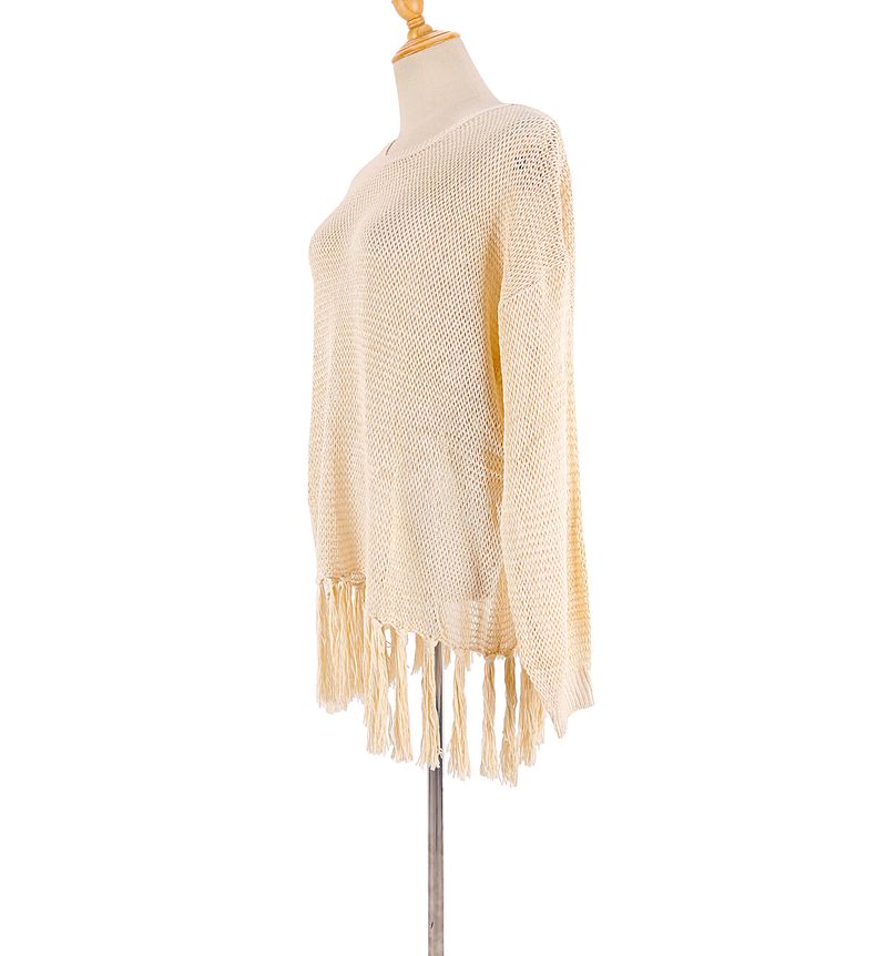 Women's Crochet Lace Fringe Beach Cover Up – Boho Chic Bikini Wrap, Lightweight Sun Protection Shirt, One Size Fits All_voghion.com
