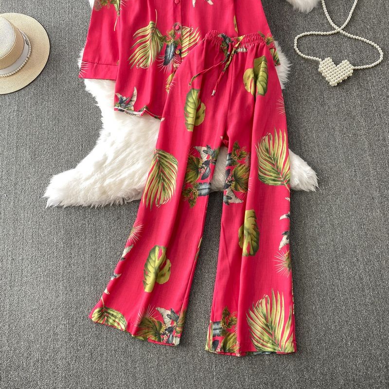 Damenbekleidung Retro Einreihiger Stehkragen Langarmhemd Design Bedruckte Jacke Zweiteiliger Anzug Hohe Taille Schlanke Hose mit weitem Bein_voghion.com