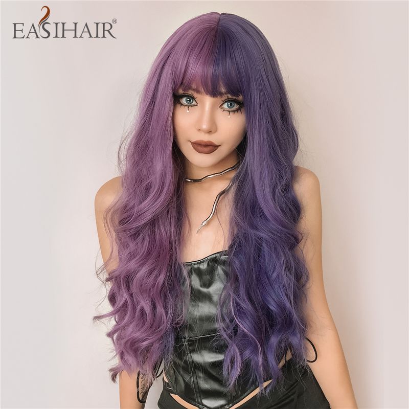 Parrucche sintetiche per cosplay, parrucca lunga e ondulata con frangia, due toni, metà rosa e metà nero, parrucca colorata per feste in stile Lolita, resistente al calore_voghion.com