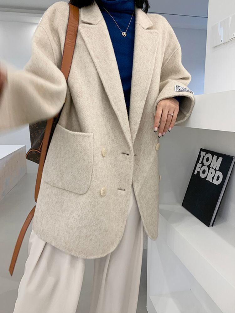 Wolle & Mischungen Mäntel für Frauen Grau Verdickung Herbst Winter Frauen Kalten Mantel Lose Umlegekragen Mode Anzug Frauen_voghion.com