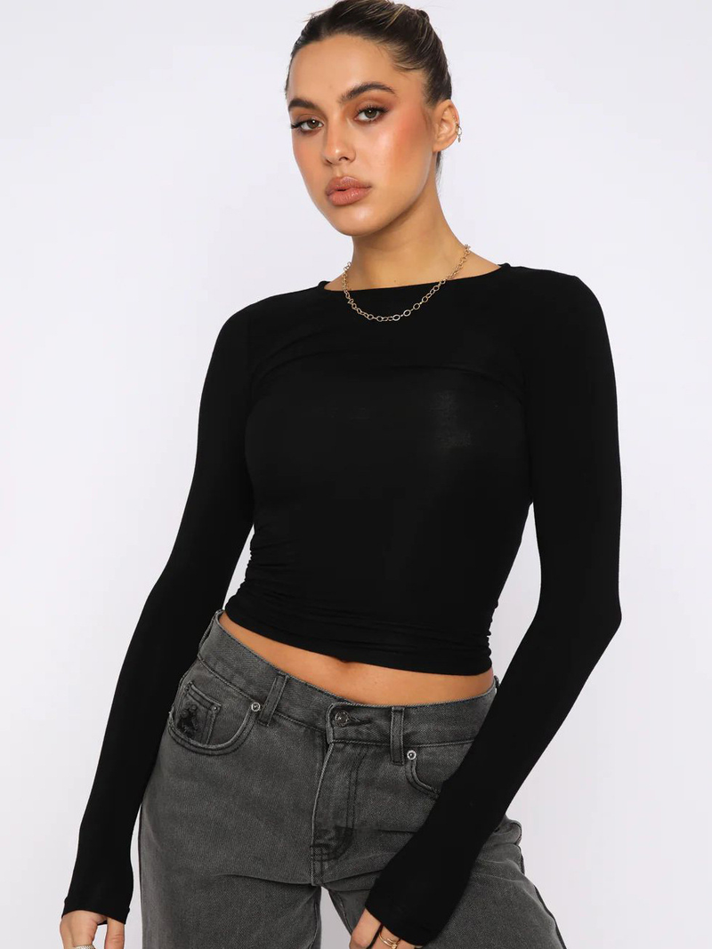 Women's fashion Y2K tight casual long-sleeved breathable base shirt all-in-one wear moisture wadding sweat T-shirt_voghion.com