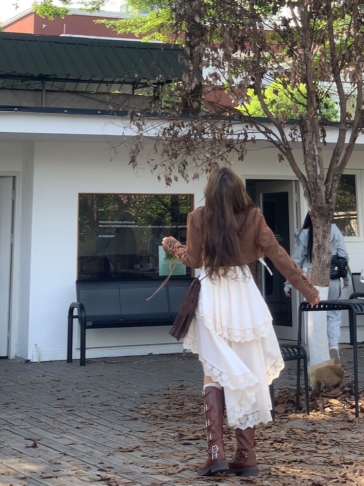 Vintage Autumn Winter Melad Design Lace-up Short Jacket Waist-cinching Irregular Dress Set_voghion.com