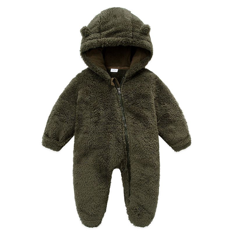 Soft Fleece Hooded Baby Jumpsuit With Mittens - Unisex Cartoon Style Infant Romper For Newborns - Cozy Zipper Closure, Long Sleeve, Neutral Colors_voghion.com