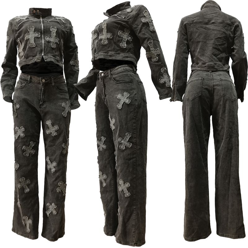 Women's Clothing New Cross Washed And Burned Western Elastic Casual Denim Suit_voghion.com