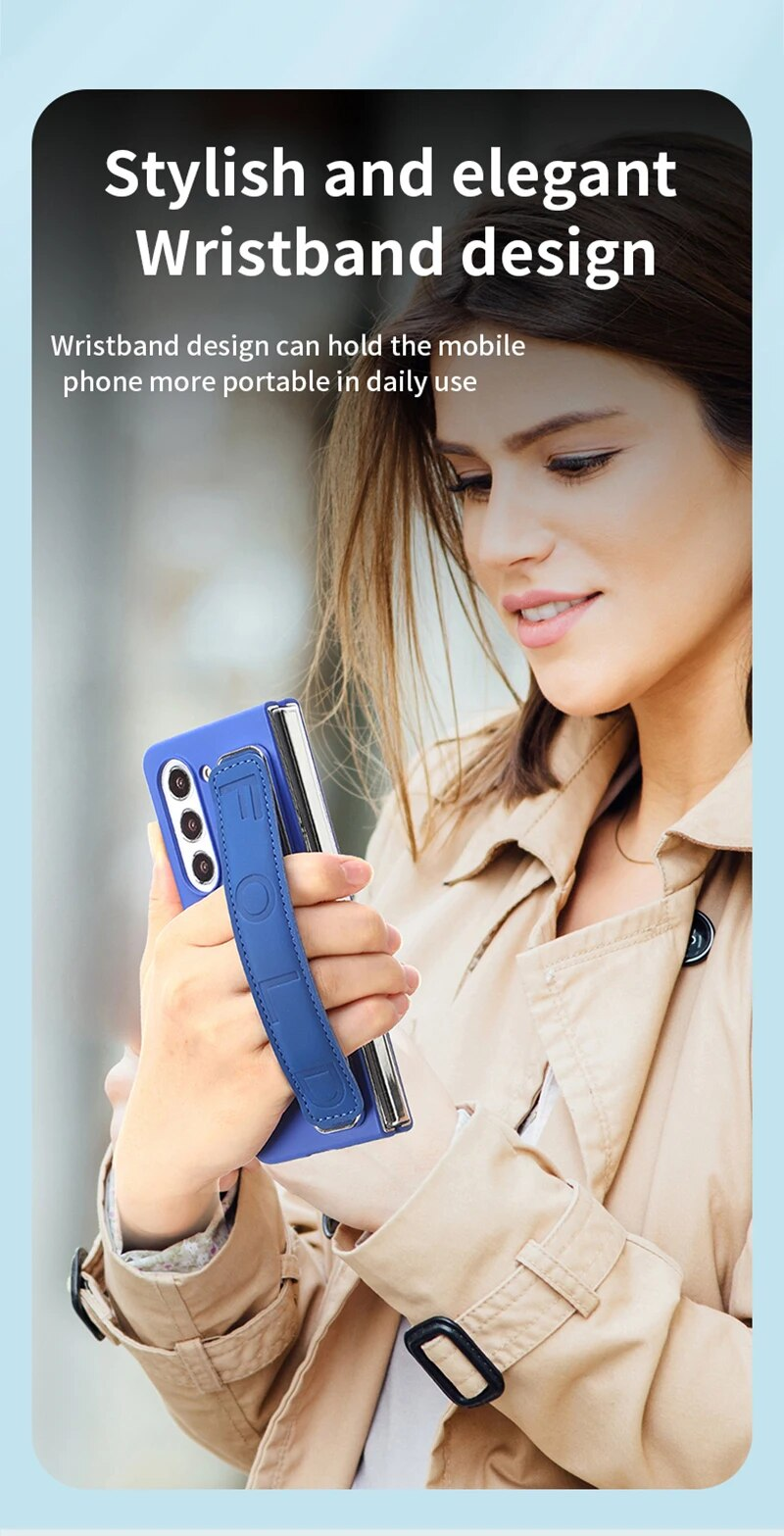 Custodia per telefono con cinturino da polso in pelle PU per Samsung Galaxy Z Fold 5 5G con copertura in plastica di protezione in vetro dello schermo frontale_voghion.com