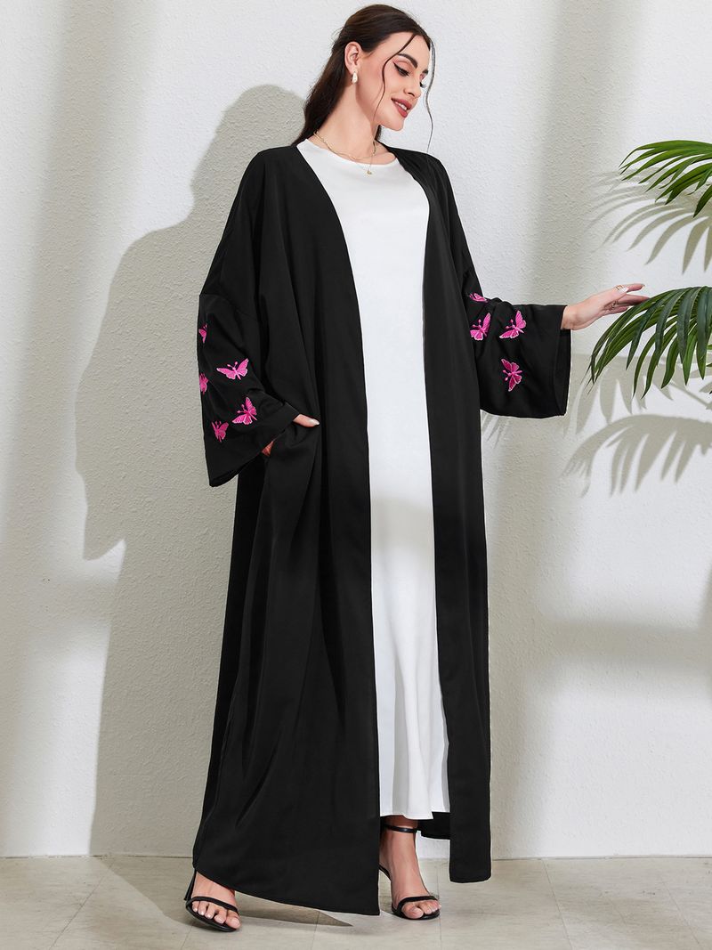 Abito lungo elegante da donna con tasca, cardigan aperto con farfalla ricamata, moda musulmana, tessuto in poliestere per il Medio Oriente_voghion.com