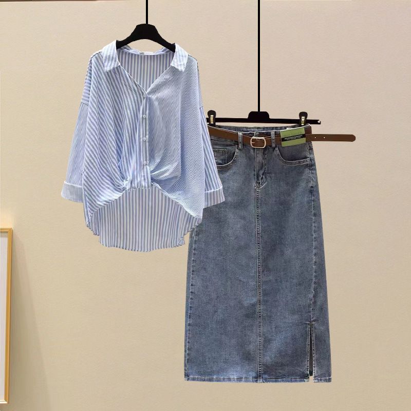 Ropa de mujer Traje de verano nueva camisa a rayas con falda vaquera de cintura alta traje de dos piezas_voghion.com