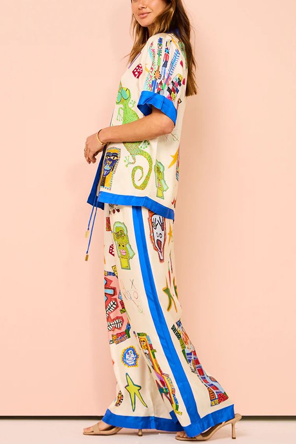 Vêtements pour femmes, chemise à revers en satin imprimé graffiti, manches courtes + pantalon, costume deux pièces décontracté_voghion.com