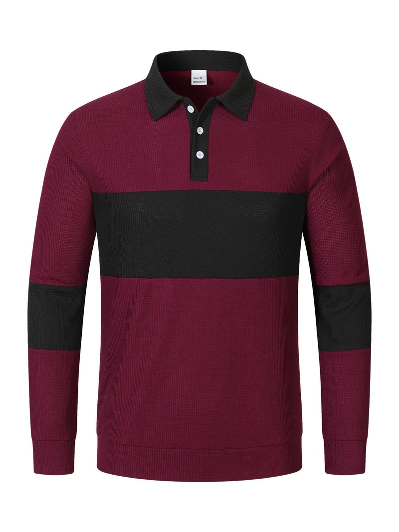Herren-Poloshirt mit Waffelstrick und Kontrastfarbe, langärmelig – Locker geschnittenes, lässiges Hemd mit Button-Down-Kragen für den Herbst_voghion.com